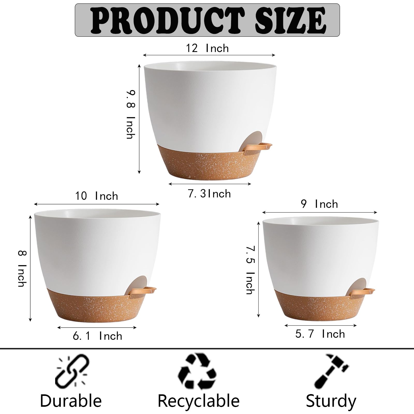 Set di 3 vasi da fiori da 30,5 cm, 25,4 cm e 23,9 cm, per irrigazione automatica, con fori di drenaggio per piante da interno ed esterno, moderni, in plastica bianca