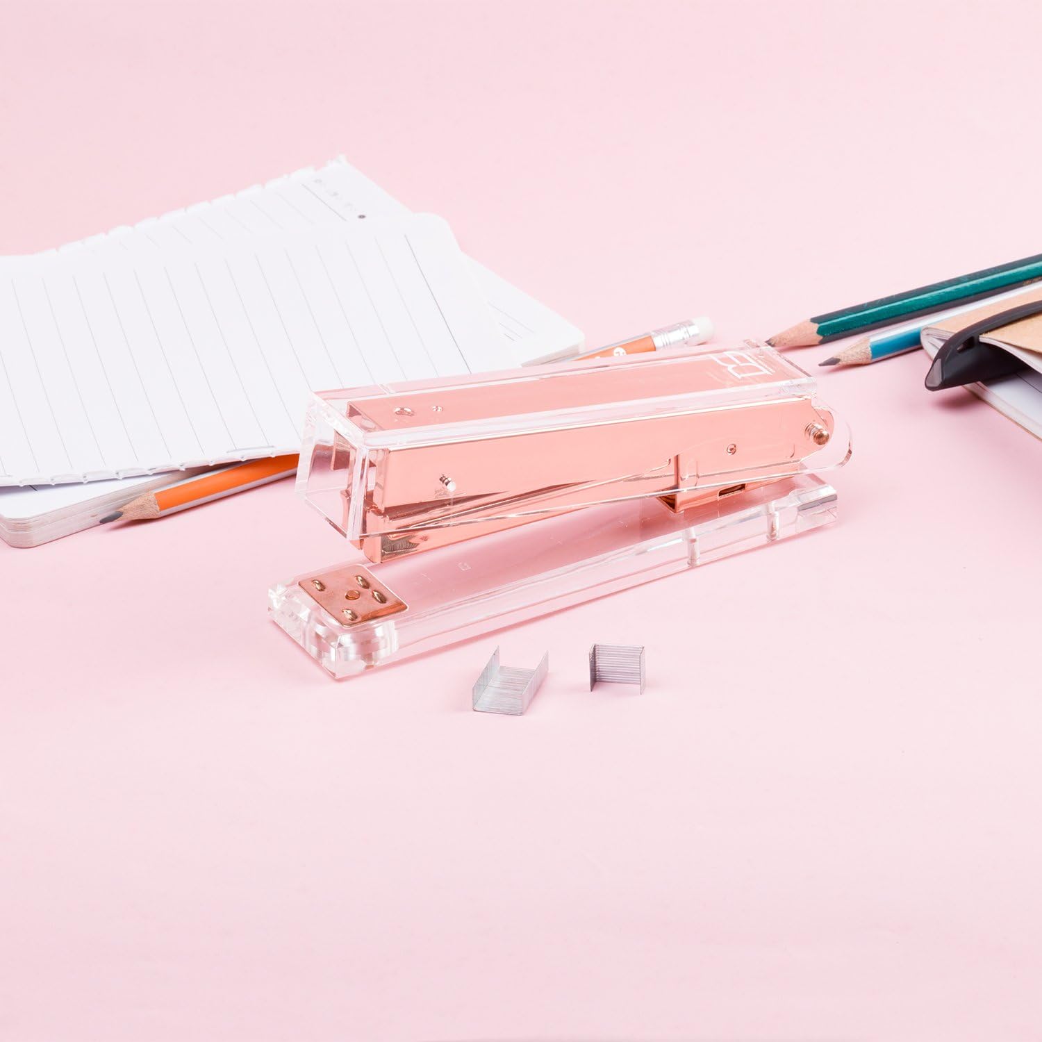 Rose Gold Desk Accessories Acrylic Stapler by DS DRAYMOND STORY - Full Sets Golden Desktop Stationery - Unique Gift Package