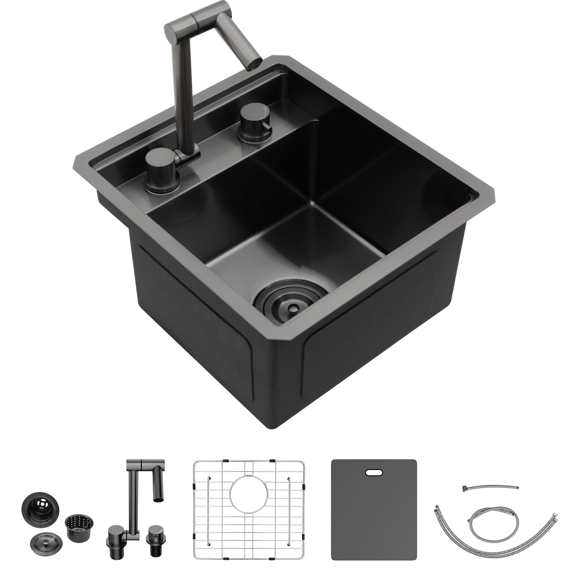 15 Inch Undermount RV Kitchen Sink Workstation - Fulorni 15"x17" Outdoor RV Mobile Camper Wet Bar Prep Sink Gunmetal Black NANO-PVD 16 Gauge 304 Stainless Steel Single Bowl Basin with Foldable Faucet