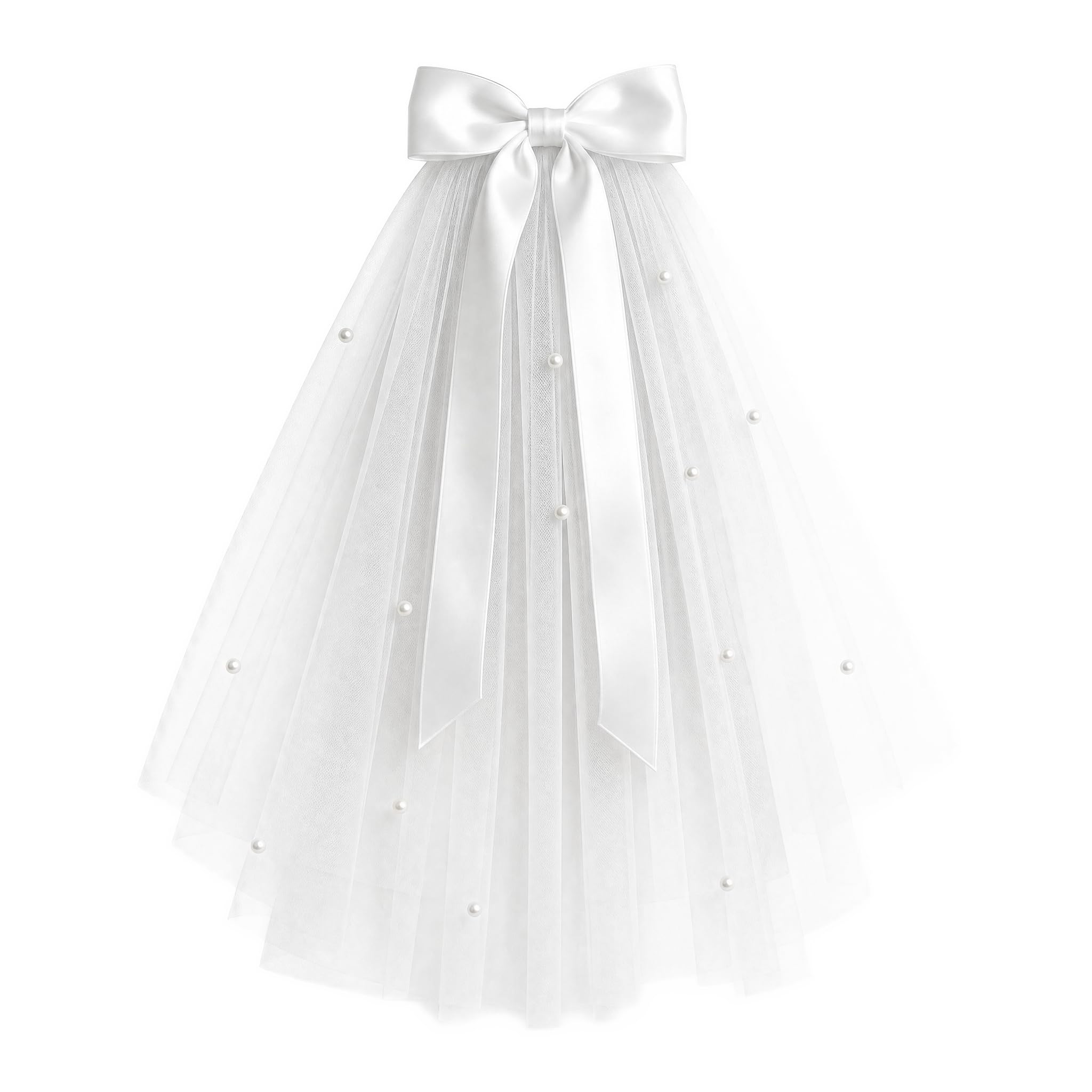 Elegant Short Bridal Veil with Pearls and Bow - White Tulle Hen Do Veil with Comb for Women and Girls - Perfect for Wedding, Hen Party, Bachelorette and Bridal Shower Accessories