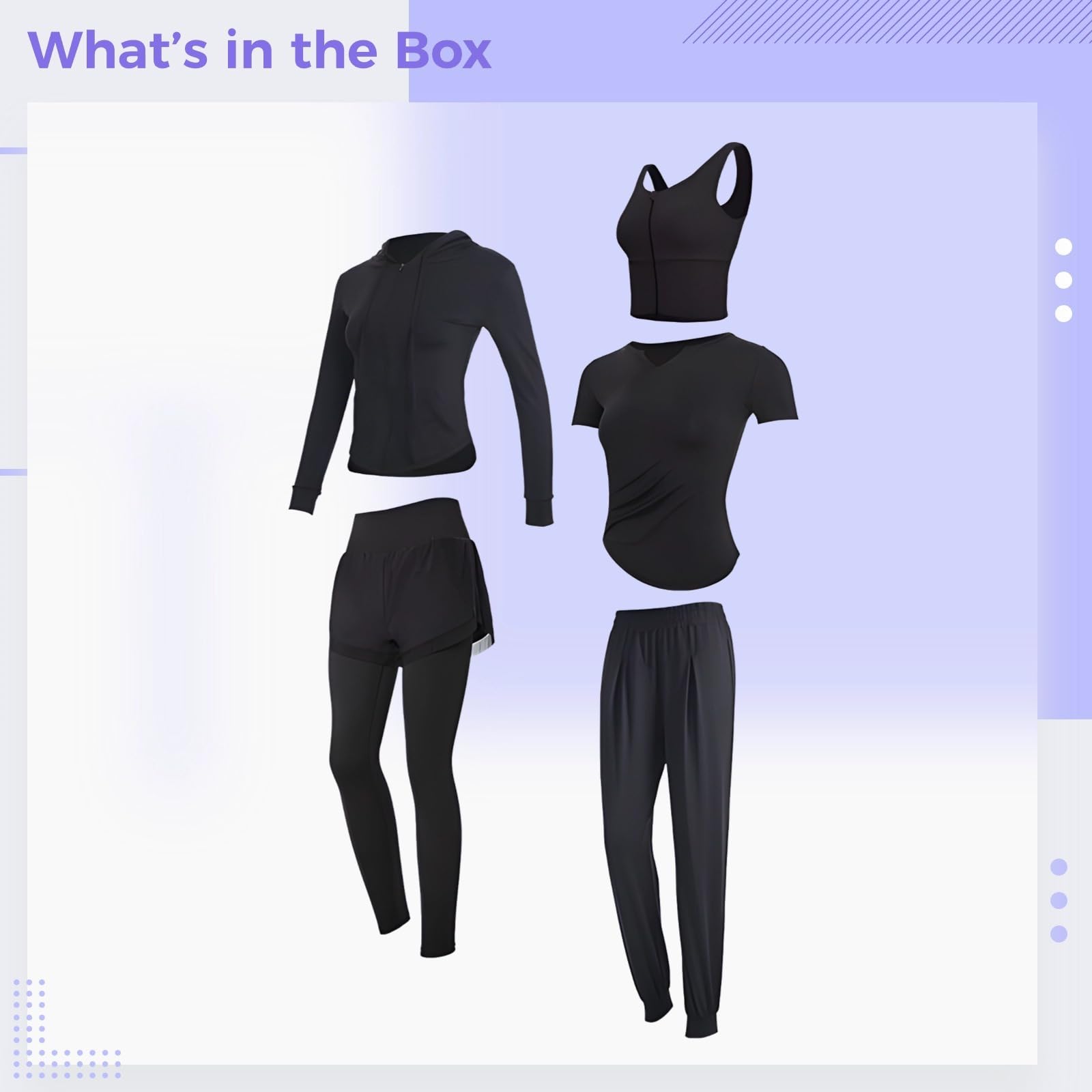 Conjunto de fitness de 5 piezas para mujer, ropa de yoga con manga larga y corta, tela negra transpirable, XXL (135-150 libras)
