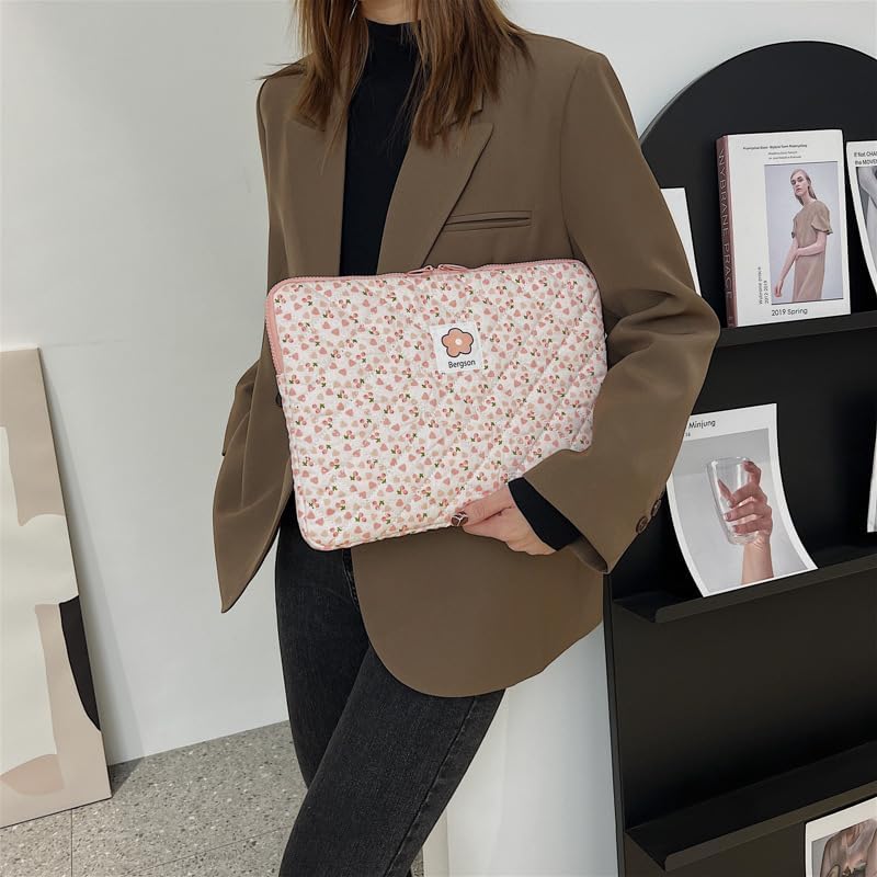 11-15.6 Inch Cute Puffy Laptop Sleeve Fairycore Floral Carrying Laptop Bag Cover Kawaii Aesthetic Tablet Liner Pouch Preppy Stuff Cottagecore Office Accessories (Pink,15 Inch)