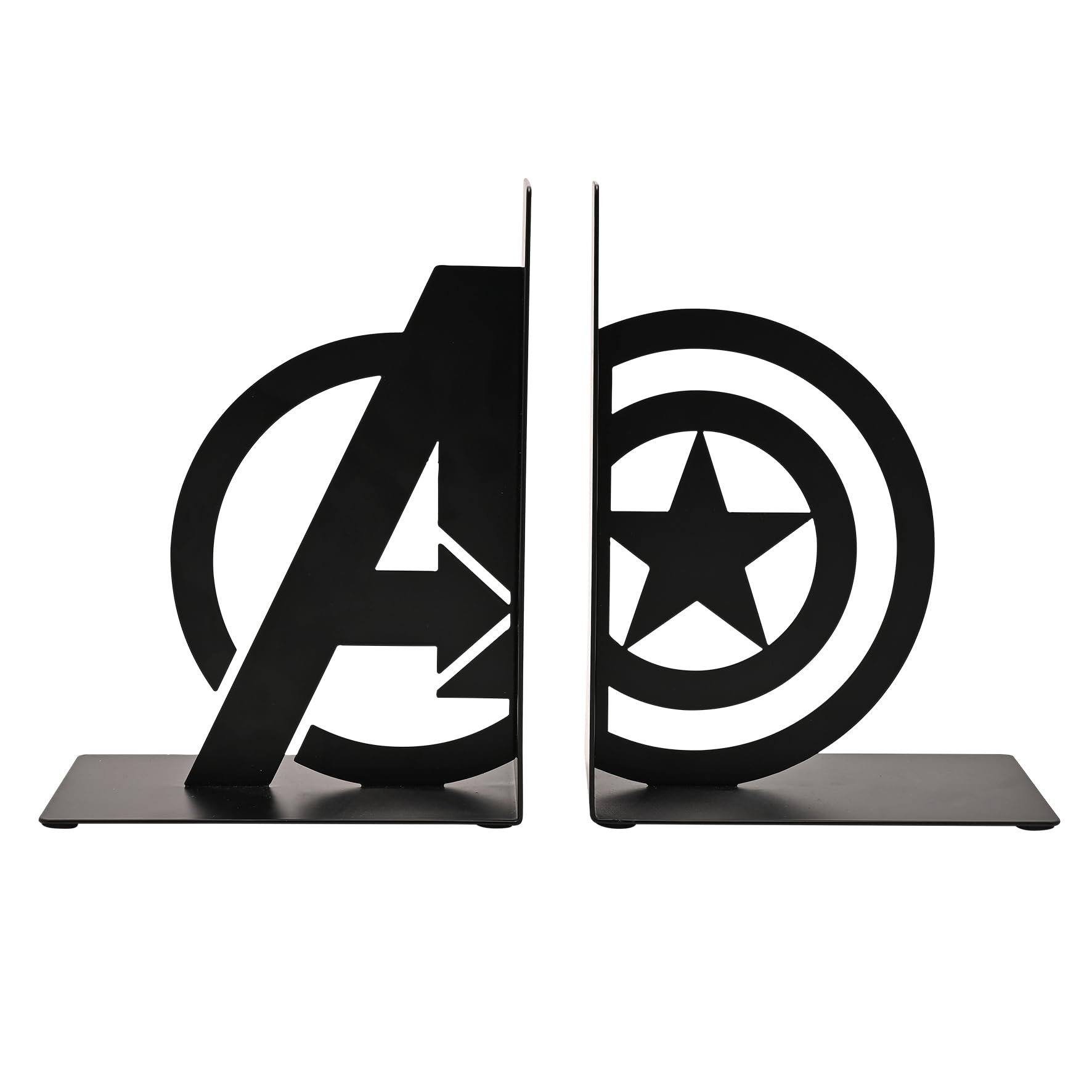 Marvel Avengers Captain America Metal Bookends – Black Metal Decorative Book Holders with Avengers Logo & Star Design – Superhero Shelf Organizer for Books & Comics