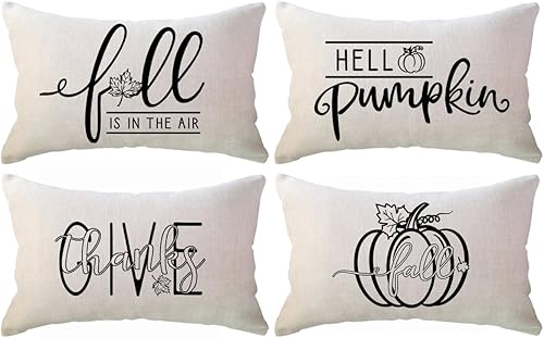 Miniatura 1 de ULOVE LOVE YOURSELF Juego de 4 fundas de almohada lumbar con texto en inglés "Pumpkin Give Though", de 12 x 20 pulgadas, diseño de casa de campo,