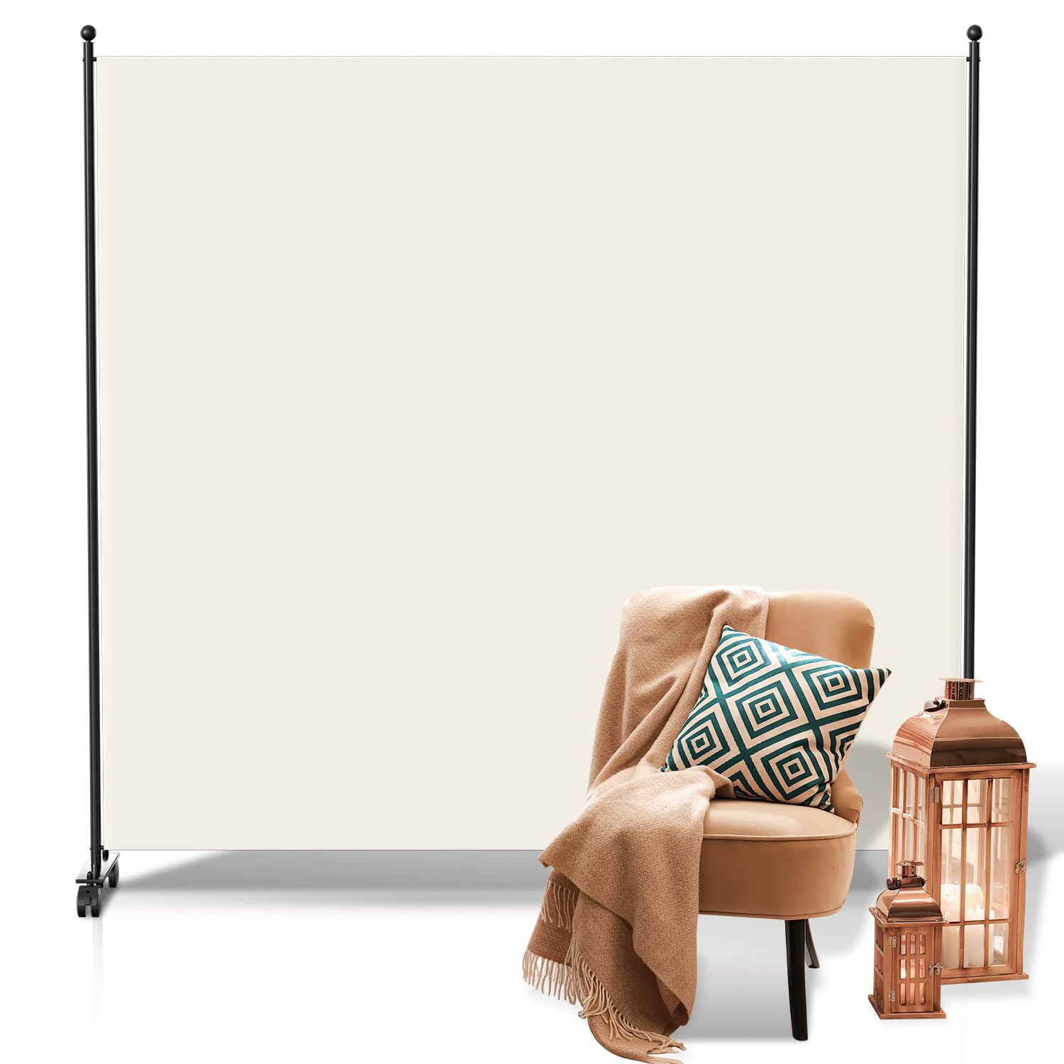 Ansobea Biombo separador sobre ruedas, plegable, 1 unidad, 187 x 181 x 30 cm, para oficina y balcón, fibra de poliéster, fácil instalación (beige)