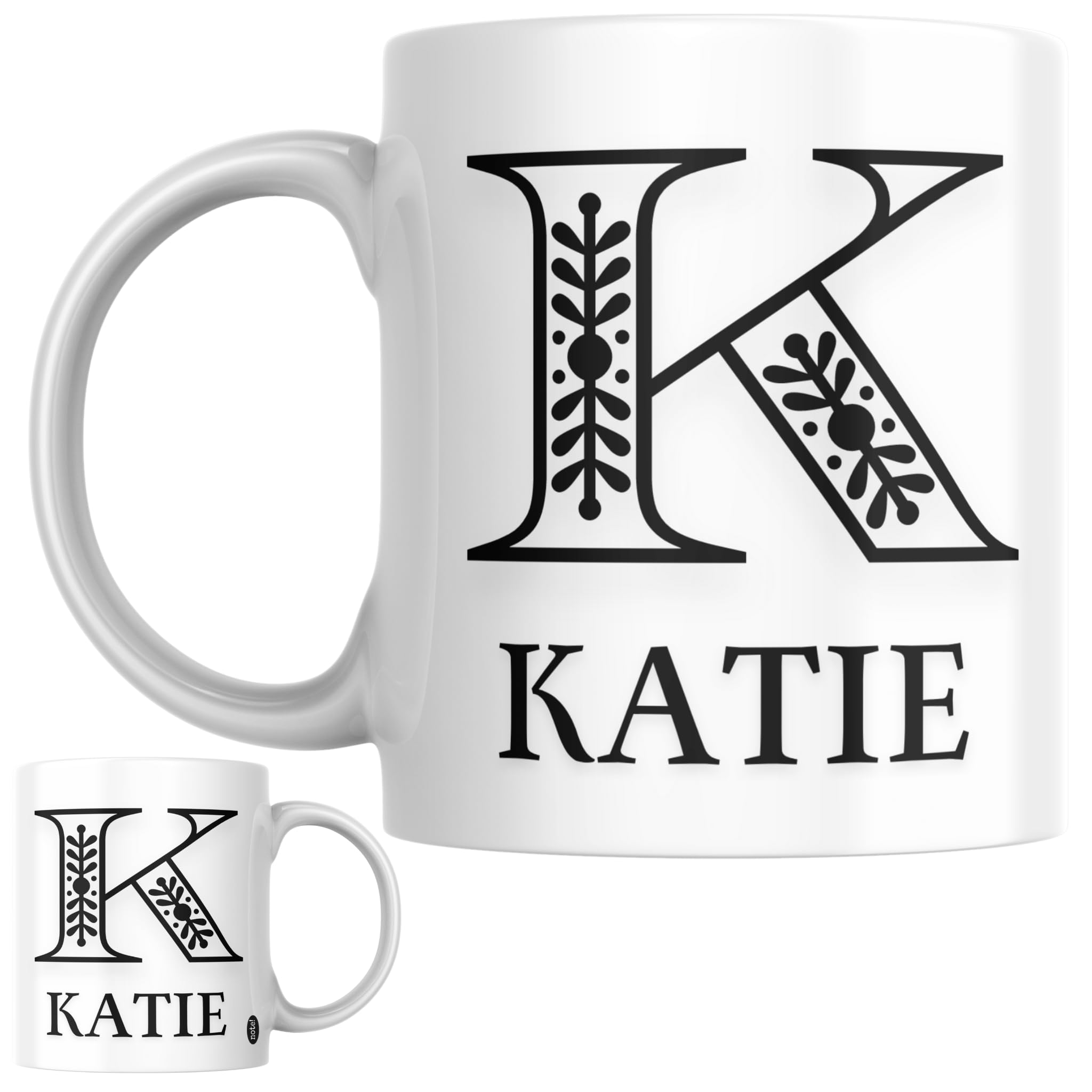 Designs of note! Katie Personalised Initial Name Mug | Letter K Decorative Coffee Cup for Her | Novelty Elegant Gift for Women or Girls Called Katie