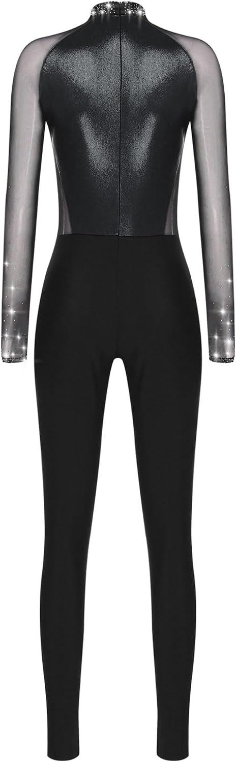 Womens Rhinestone Unitard Dance Costume Long Sleeve One Piece Jumpsuit for Performance Competition