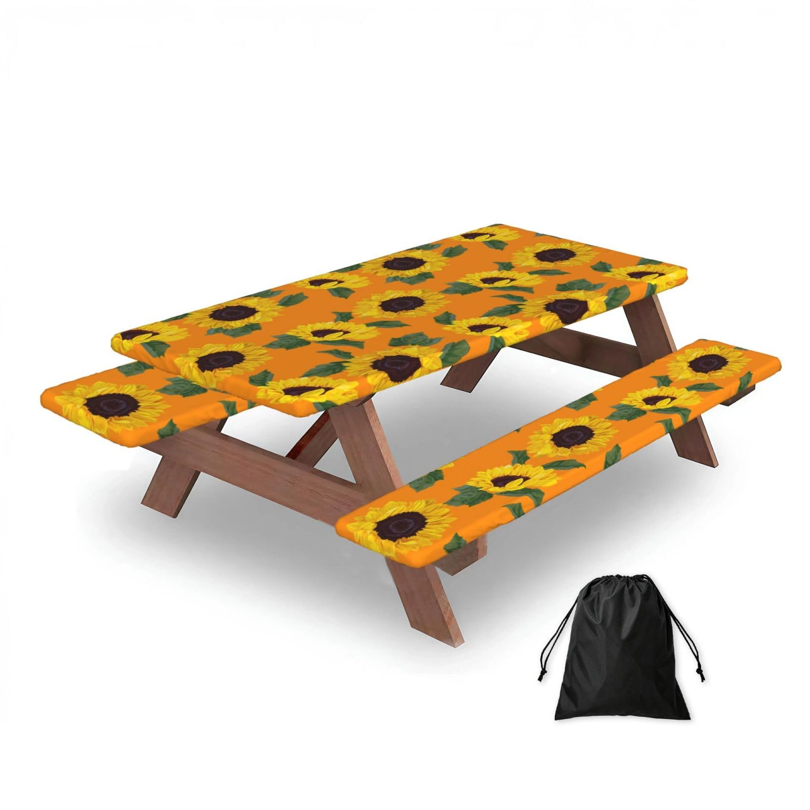 Dopklna As Picture Sunflower Seamless Pattern, Picnic Table Cover With Bench Covers -Waterproof Elastic Fitted Tablecloth For Garden Camping Patio 76X152cm