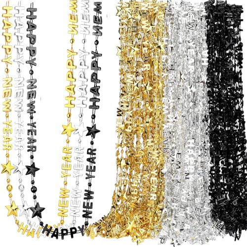 Sasylvia 48 Pcs 2025 New Year Bead Necklace Luau Summer Pool Party Supplies Gift Birthday Miami Bachelorette Graduation Wedding Decor (One with Pendant One No Pendant(Gold, Black, Silver,Classic)