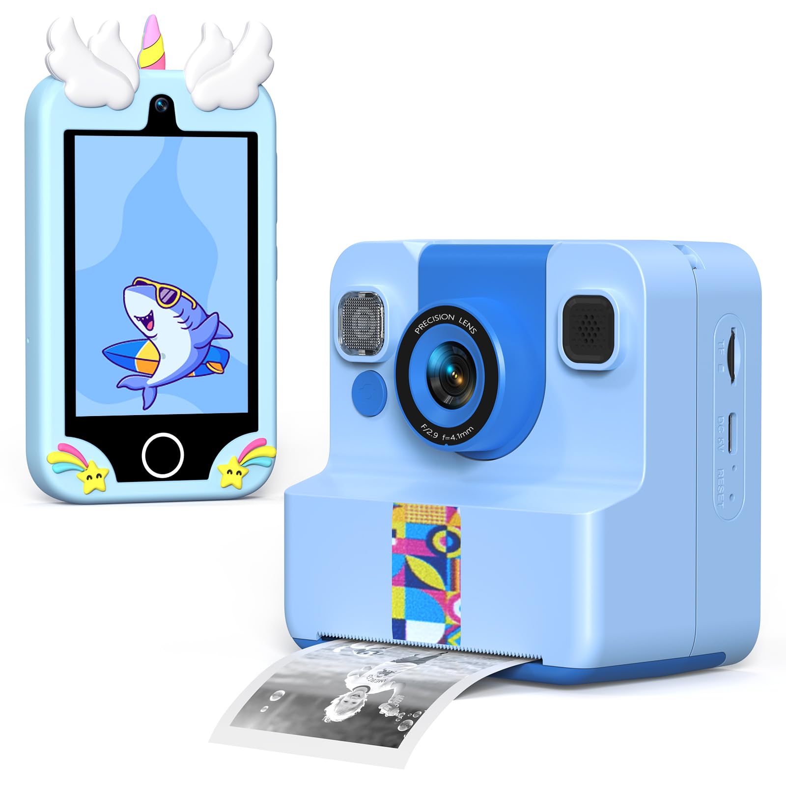 Blue Kids Instant Print Camera +Blue Kids Smart Phone Bundle, Camera with 32GB &amp; 2 Rolls Paper + 3.5" Touchscreen Phone with Dual Cameras, Learning Games, Music, Gifts for Boys &amp; Girls Ages 3–12