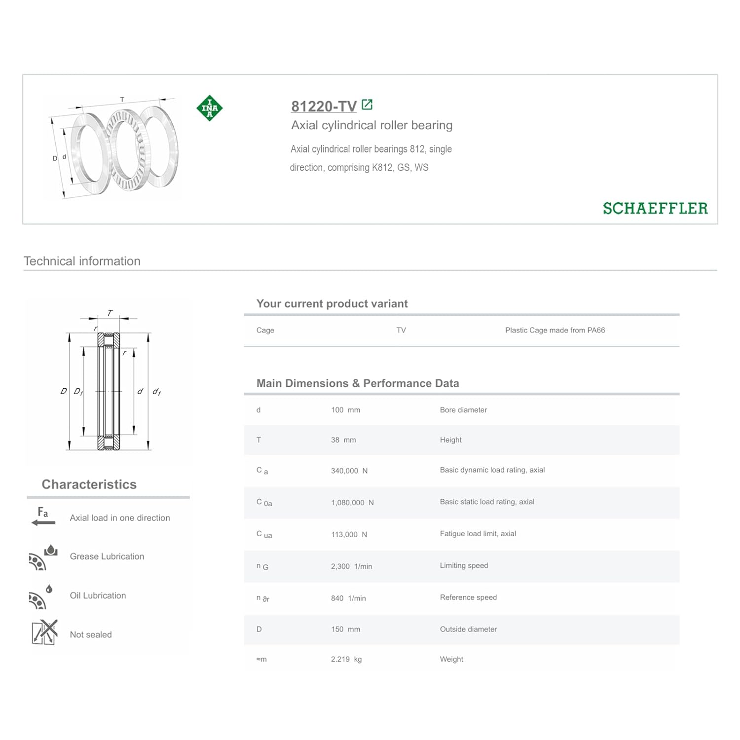 INA 81220-TV Axial Cylindrical Roller Bearings Single Direction comprising K81220-TV GS81220 WS81220 The Separable Design Plastic Cage Made from PA66 81220 TN