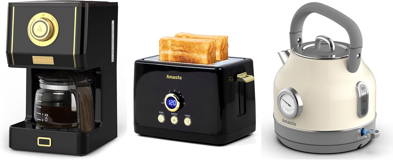 Amaste Black Coffee Maker & Black Toaster & White Retro Electric Kettle Set