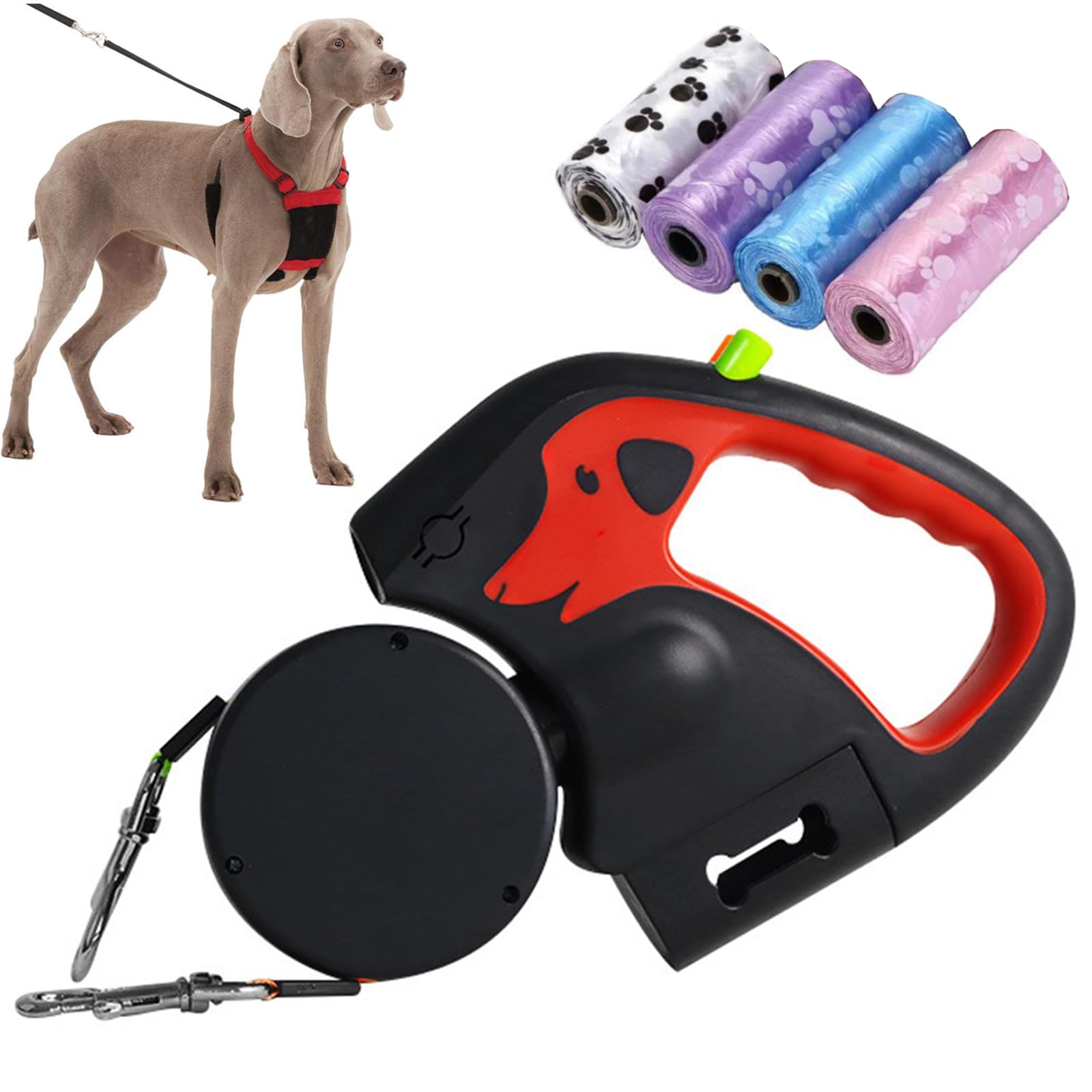 Correa para perro para entrenamiento de obediencia, mango doble de 10 pies de largo con luz LED y dispensador de bolsas para excrementos para control sin enredos