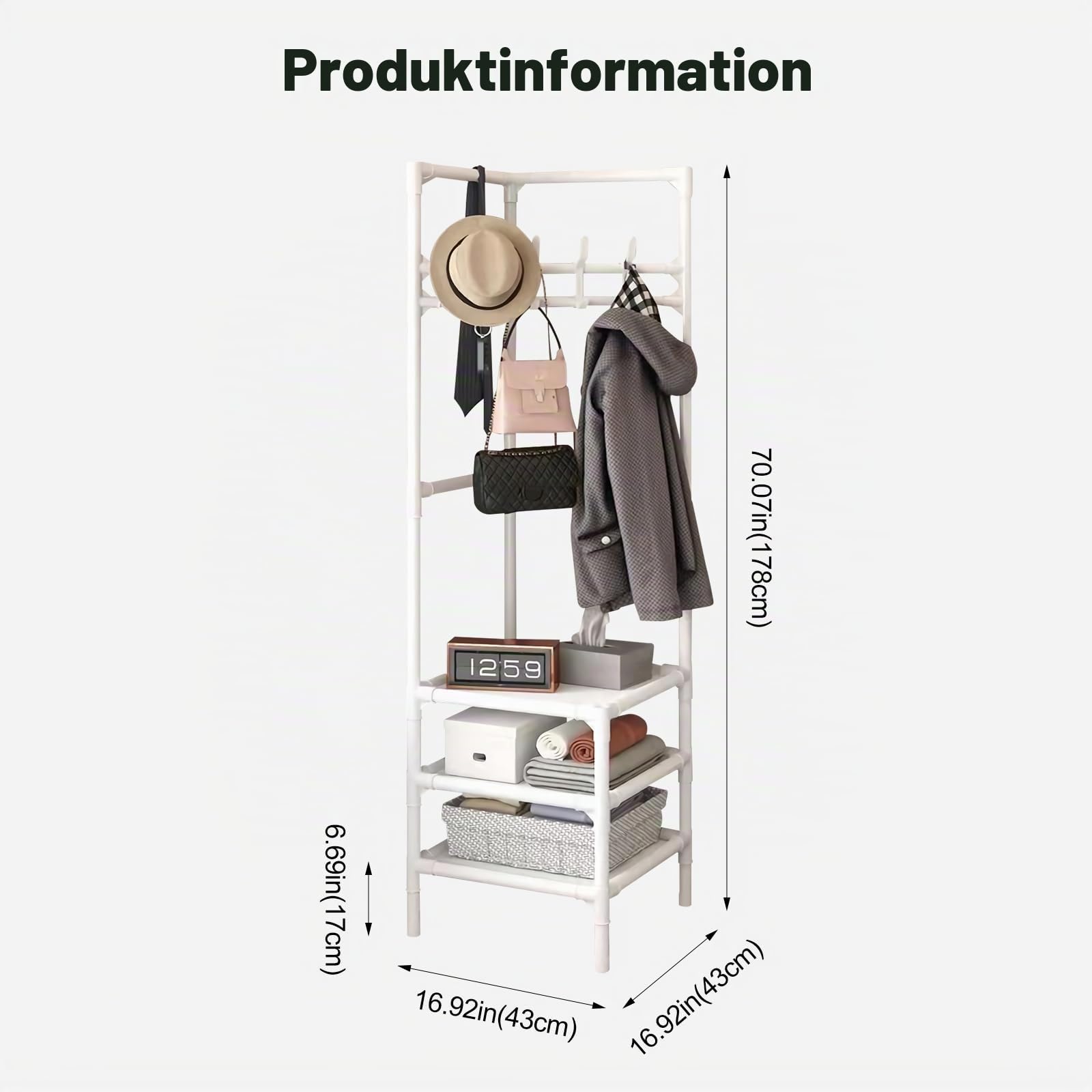 Ergocar Multifunktionaler Garderobenständer. Unterteilt in verschiedene Positionen, hohe Speicherung mit hoher Effizienz. Geeignet, um Taschen, Kleidung, Schals usw. zu platzieren.
