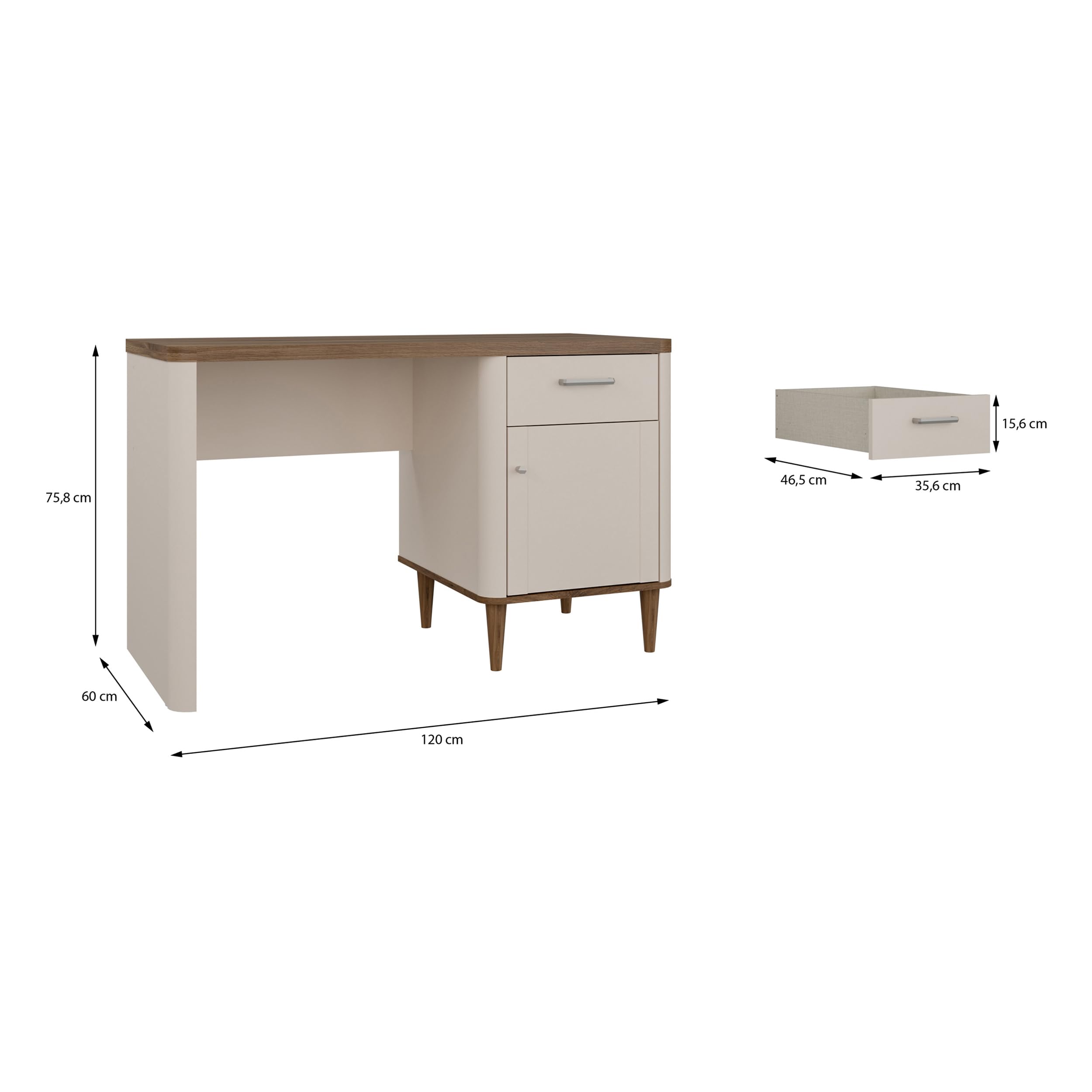 Forte LACETTI Schreibtisch 120, eleganter Schreibtisch mit hohen Möbelbeinen, Büro, Jugendzimmer, Holzwerkstoff, Kaschmir-Beige-Valencia Eiche Holzdekor, 120 cm breit x 75,8 cm hoch x 60 cm tief