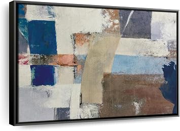 ElephantStock Abstract Domain Wall Art - Horizontal Framed Canvas - 1-Piece Living Room Wall Decor - Abstract Canvas Print - Beige and Blue Decor for Wall - 13" X 9"