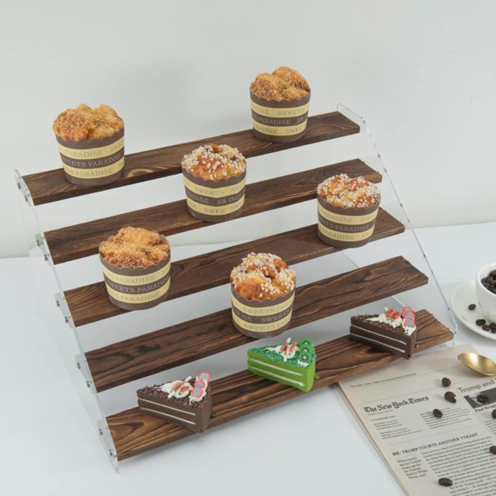 Display Shelf Stand, Clear Acrylic Riser Shelves Wood Acrylic Storage for Figure Collection Cupcake Desserts Holder Cosmetics Perfume Jewelry Organizer Rack