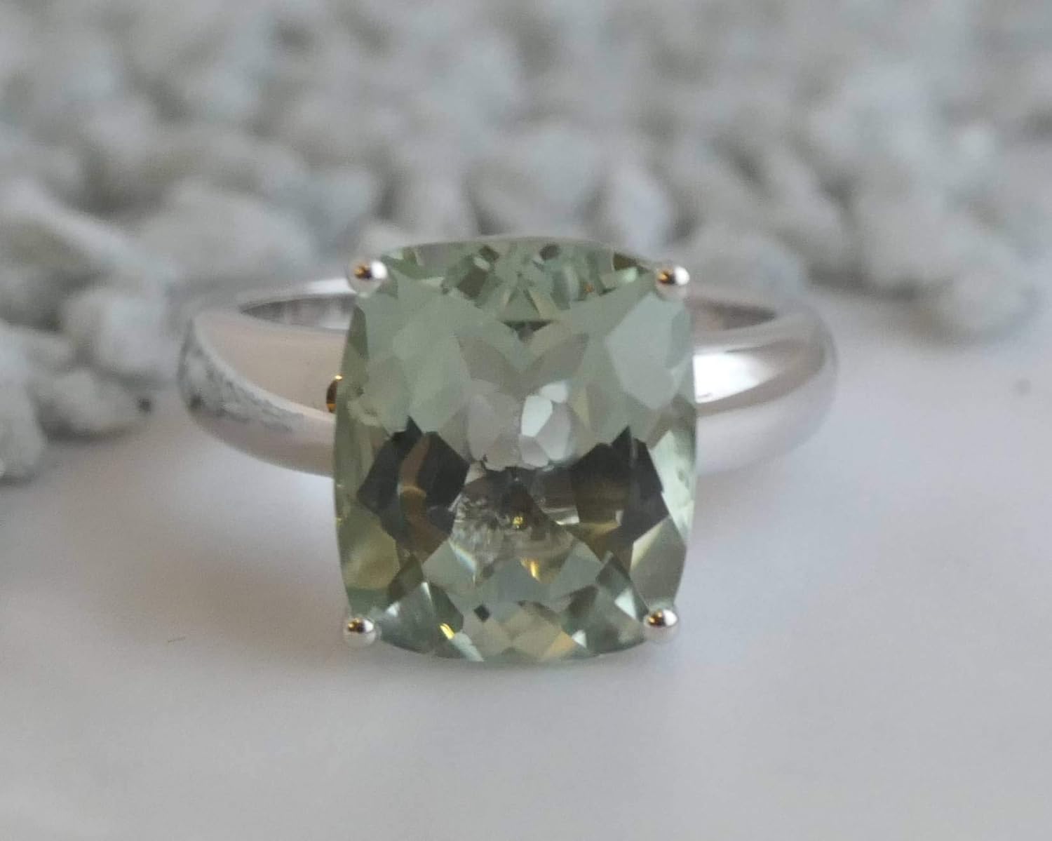 Green Amethyst Cushion Cut Ring 10x12mm - Solid 925 Sterling Silver - Natural Prasiolite Gemstone, Scandinavian Handmade Fine Jewelry for Women