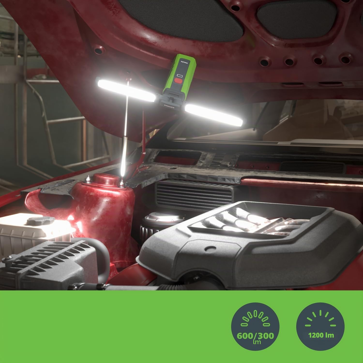 Philips Xperion 3000 Bonnet LED-Arbeitsleuchte, leistungsstark, vielseitig und robust, 1.200 lm, magnetischer Griff und Haken, COB-LED mit 6.500K rein weißem Licht, wiederaufladbar