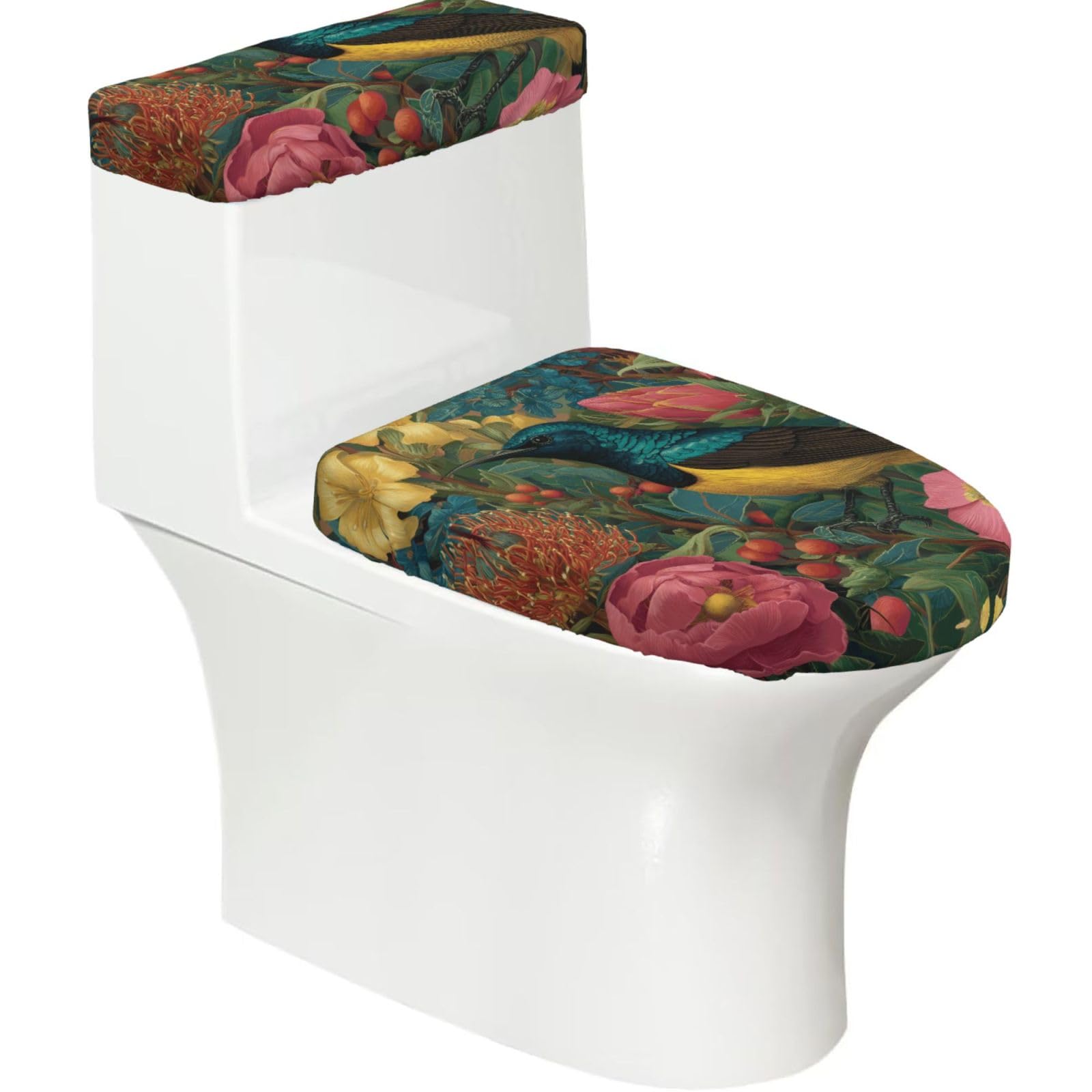 Hummingbirds and Flower 2-Piece Toilet Seat Cover Set with Tank Lid - Elastic for U-Shape & Elongated - Bathroom Decor