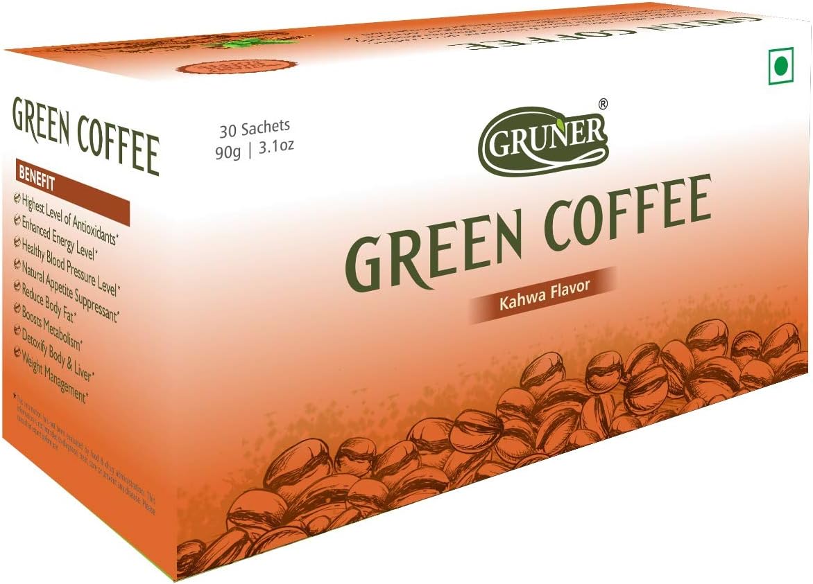 GRUNER Green Coffee Beans Powder- 30 Sachets Each| For Weight Loss/Fat Burner & Immunity Booster| Made with Goodness of Natural Ingredients, Organic Unroasted Coffee Beans