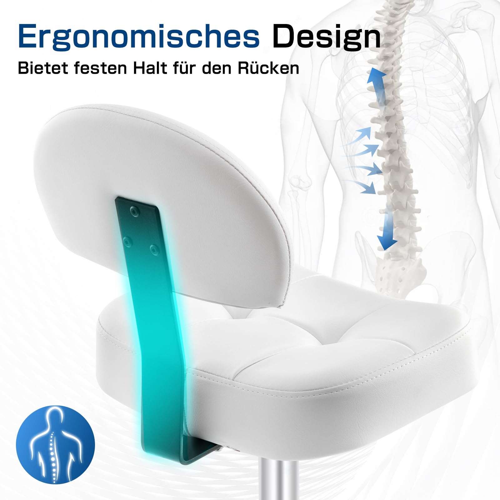 Taburete con ruedas con respaldo y cojín ancho y rectangular, altura regulable 51-64 cm, taburete giratorio con ruedas con marcha uniforme, ideal para salones, cosméticos (blanco)