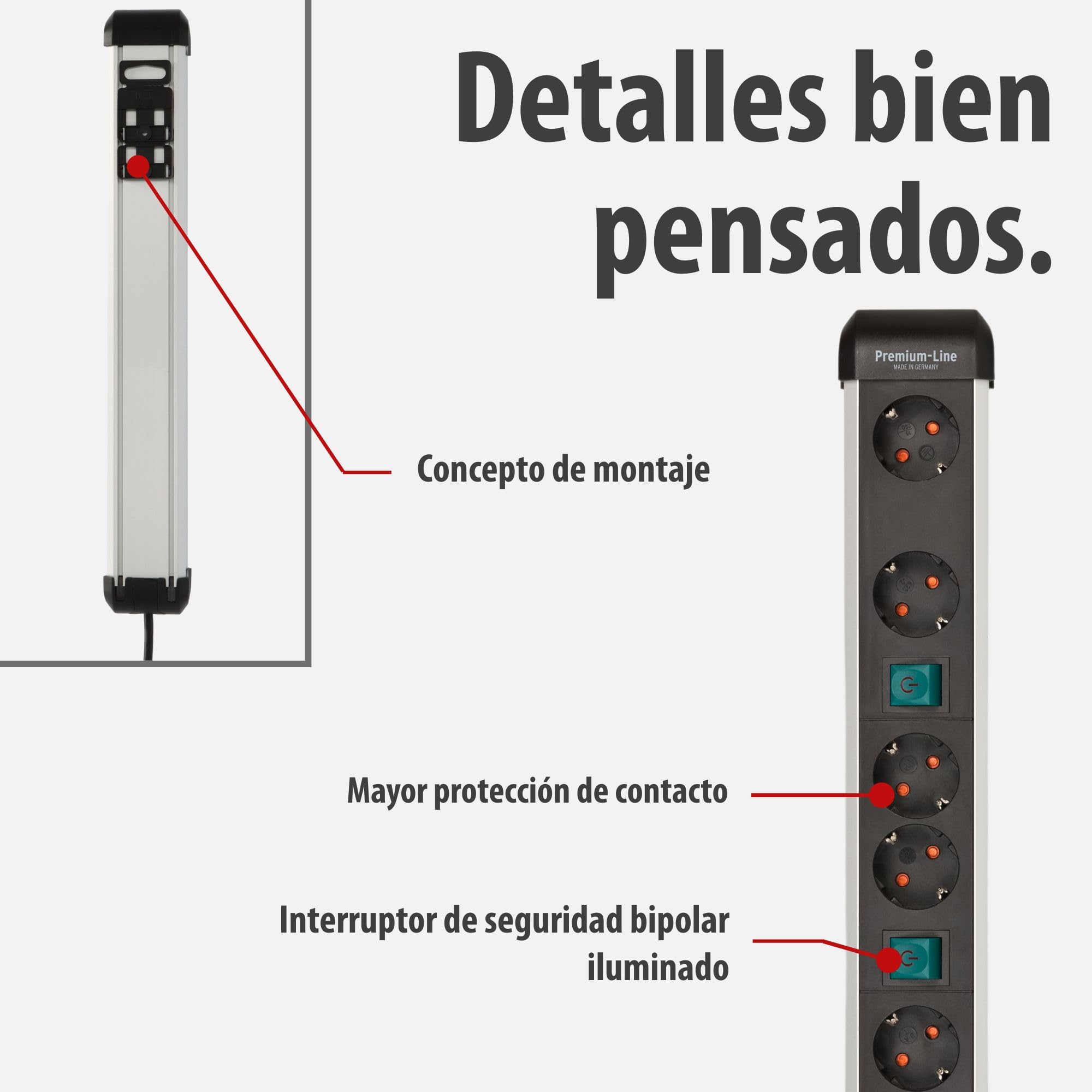 Brennenstuhl Premium-ALU-Line regleta enchufes con 6 Tomas/regleta de Aluminio con 3 interruptores Individuales (Cable de 3 m, 3X Interruptor Iluminado, Fabricado en Alemania)