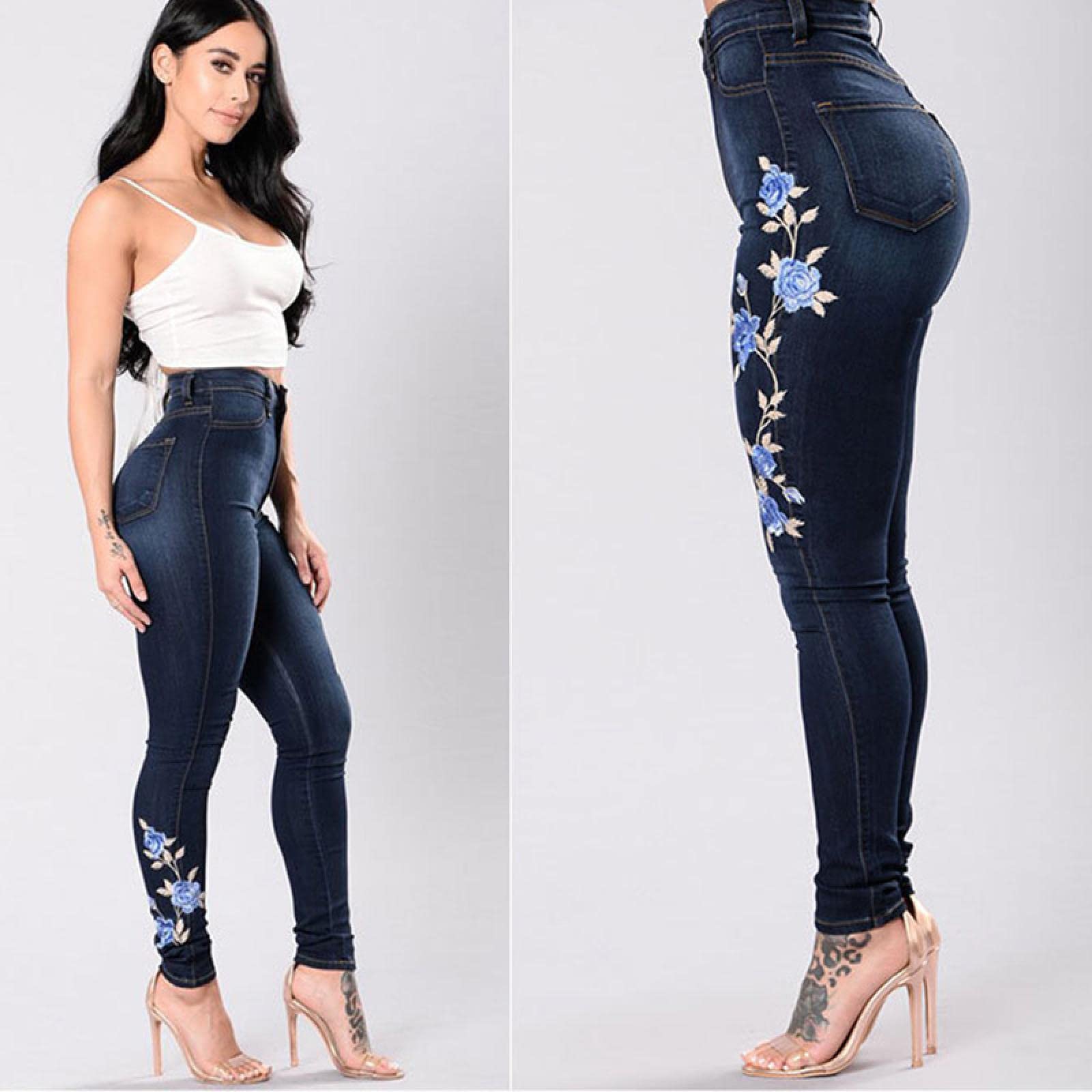Jeans Damen Hose Jeanshose Female Women Blumenapplikationen Jeans Damenmode Elastische Denim Bleistifthose Push Up Dünne Mädchenhose Hohe Taille Jeans Streetwear