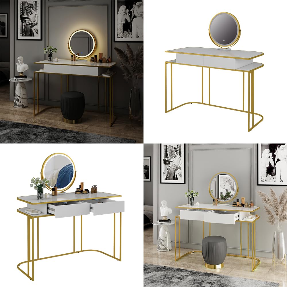 Vicco Tavolo da toilette Tiara, Bianco/Oro, 110 cm, con illuminazione LED e specchio regolabile in altezza