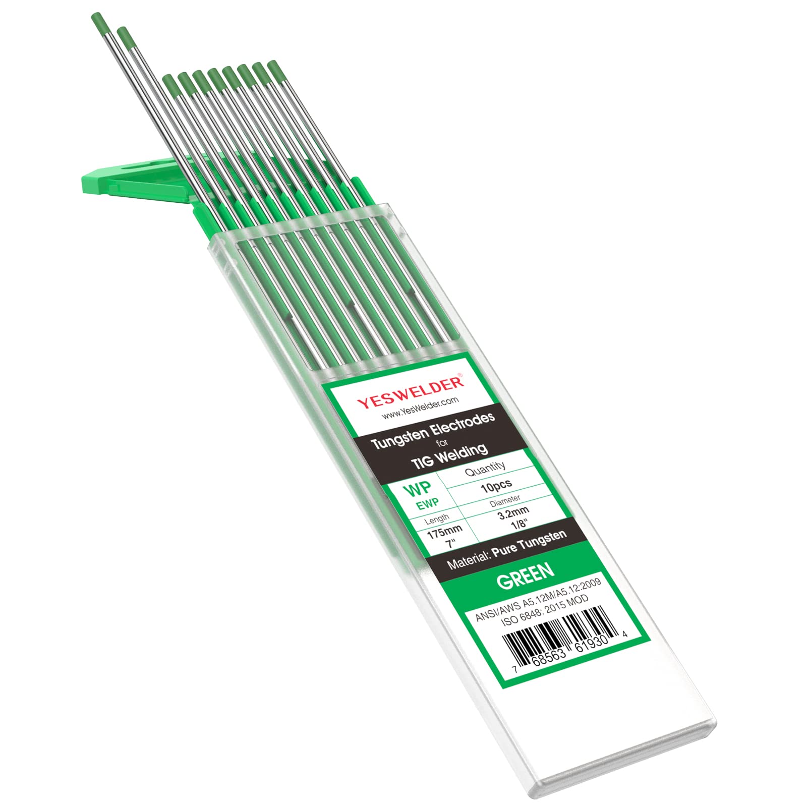 YESWELDER TIG Welding Tungsten Electrode Pure Tungsten 1/8" x 7" (Green, EWP) 10-pk