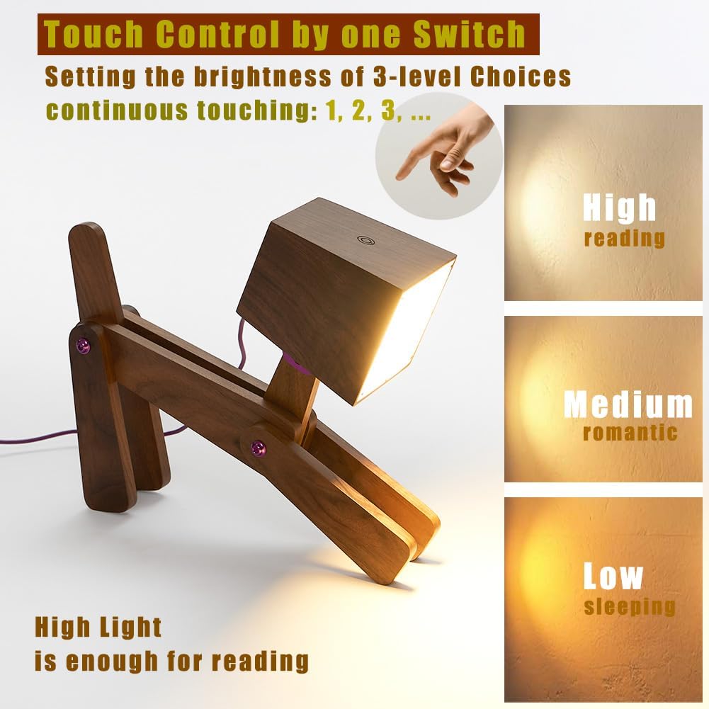 Super Cute Dog Table Lamp for Kids Room Bedroom Bedside - Dimmable Touch Control Wood Fun Unique Desk Lamp Warm White Light Gifts for Friends Boys Girls Dorm Farmhouse (Mini-Walnut Color)