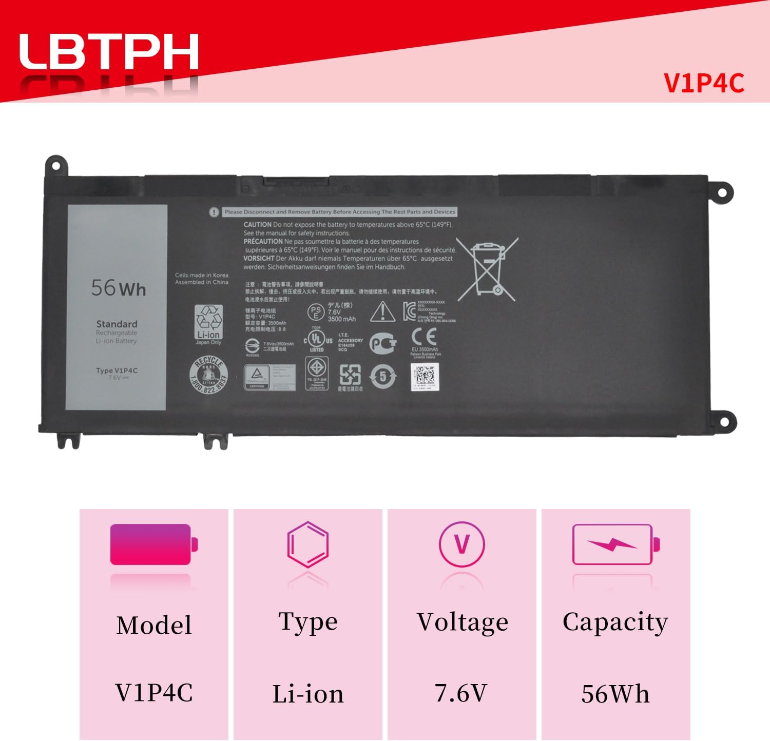 VIP4C V1P4C FMXMT Laptop Battery Replacement for Dell Chromebook 13 3380 Inspiron 7486 serirs 7.6V 56WH