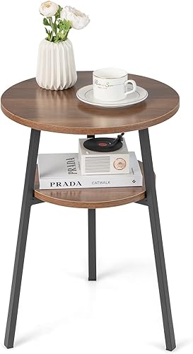 Giantex Mesa auxiliar redonda, mesa de noche de 2 niveles con estante de almacenamiento abierto y marco de metal triangular resistente, mesa disponible en Yaxa Costa Rica