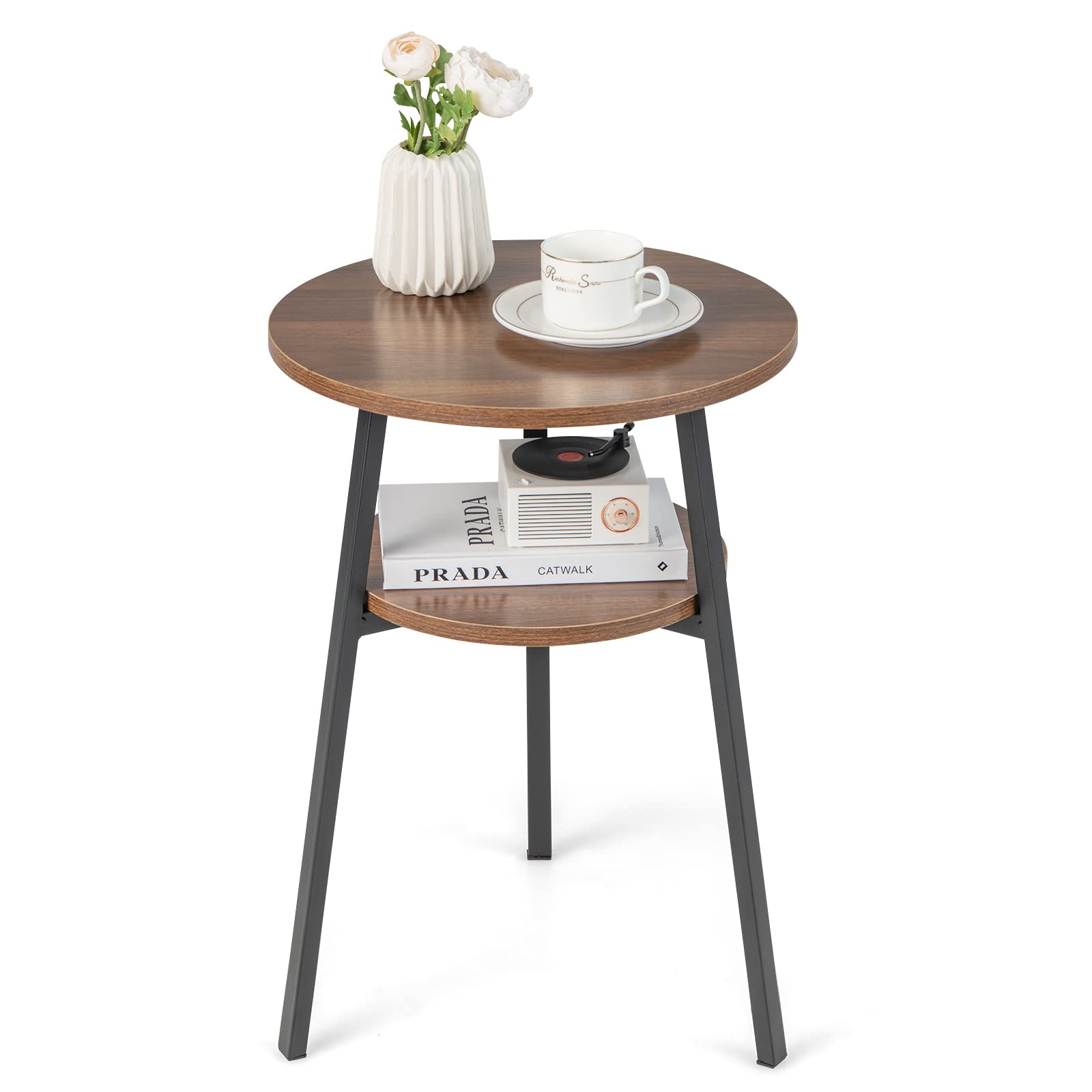 Giantex Round End Table, 2-Tier Bedside Table with Open Storage Shelf & Sturdy Triangular Metal Frame, Versatile Retro Accent Table for Bedroom,