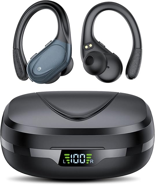 CASCHO Wireless Earbuds, Bluetooth 5.3 Headphones Wireless Headphones, 60Hrs Playback Dual LED Display, Hifi Stereo HD Mic, In-Ear IP7 Waterproof Earphones with Earhooks, USB-C, for Sports