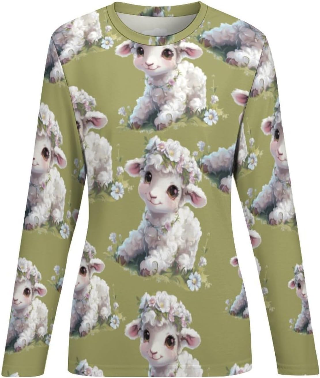 Cute Lamb Flower Women's Pajama Top Sleepwear Pajamas Sleep T-Shirt Long Sleeve Shirt Crewneck Tee