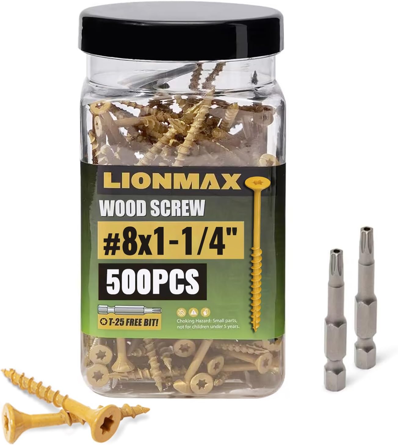 LIONMAX Deck Screws 1-1/4 Inch, Wood Screws #8 x 1-1/4", 500 PCS, Rust Resistant, Exterior Epoxy Coated, Outdoor Decking Screws, Torx/Star Drive Head Screw, T25 Star Bit Included, Tan