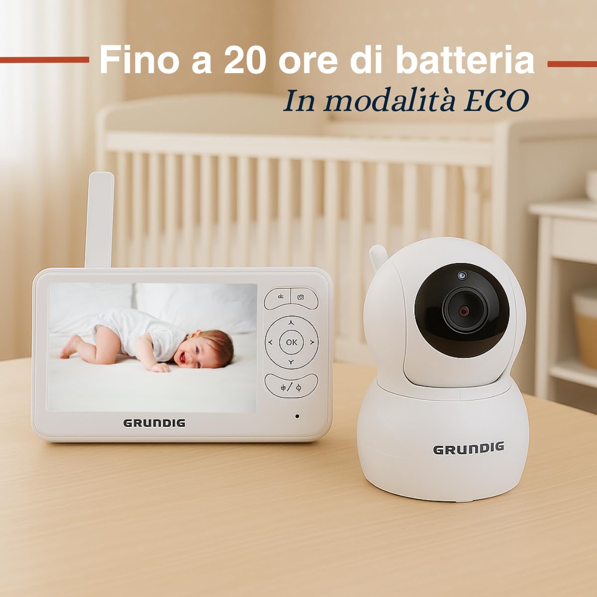Grundig Baby Monitor con Telecamera - Baby Monitor Video e Audio con Schermo 5 Pollici - Visione Notturna e Audio Bidirezionale - Controllo Temperatura - Zoom Pan Tilt - Bianco