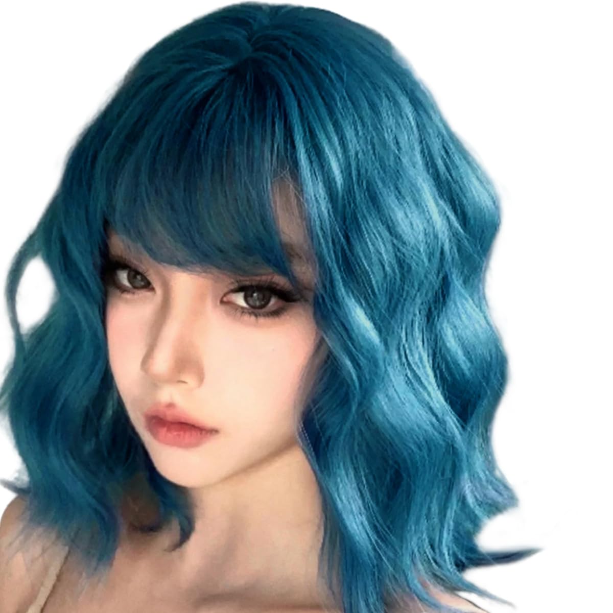 PARXITN Kurze Gewellte Bob Perücke für Frauen Schwarzblau NatüRliches Aussehen Haar Perücke, Echte Weiche Baumwolle Kappe Synthetische Perücke für Empfindliche Skalps Bequem Cosplay TäGlichen Gebrauch