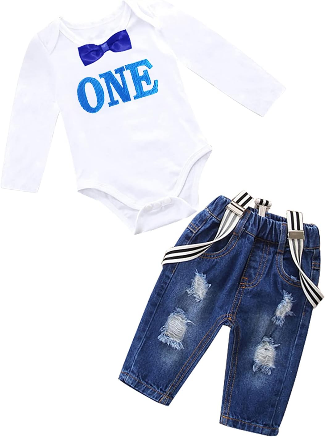 Toddler Baby Boy Birthday Clothes Set Bowtie Romper Suspenders Ripped Denim Pants Outfits