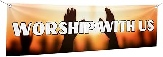 Worship With Us Large Banners and Signs for Outdoor by Mavis Printing-Polyester Banner with 4 Holes for Easy Hang Indoor & Outdoor|4x1 Feet HD Banner to Promote Church| Made in USA
