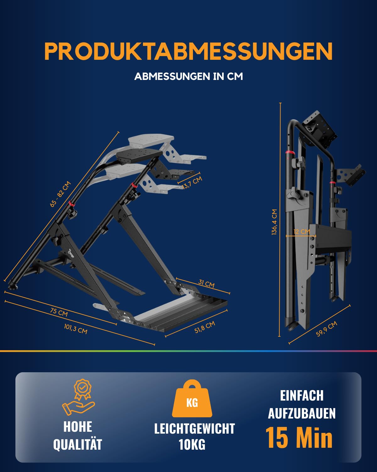 Ranqer Racing Wheel Stand Pro Lenkradständer, faltbar, aus Stahl, höhen- und neigungsverstellbar, mit integrierter Sitzhalterung und Schalthebelhalter, für Lenkrad und Pedale, Schwarz