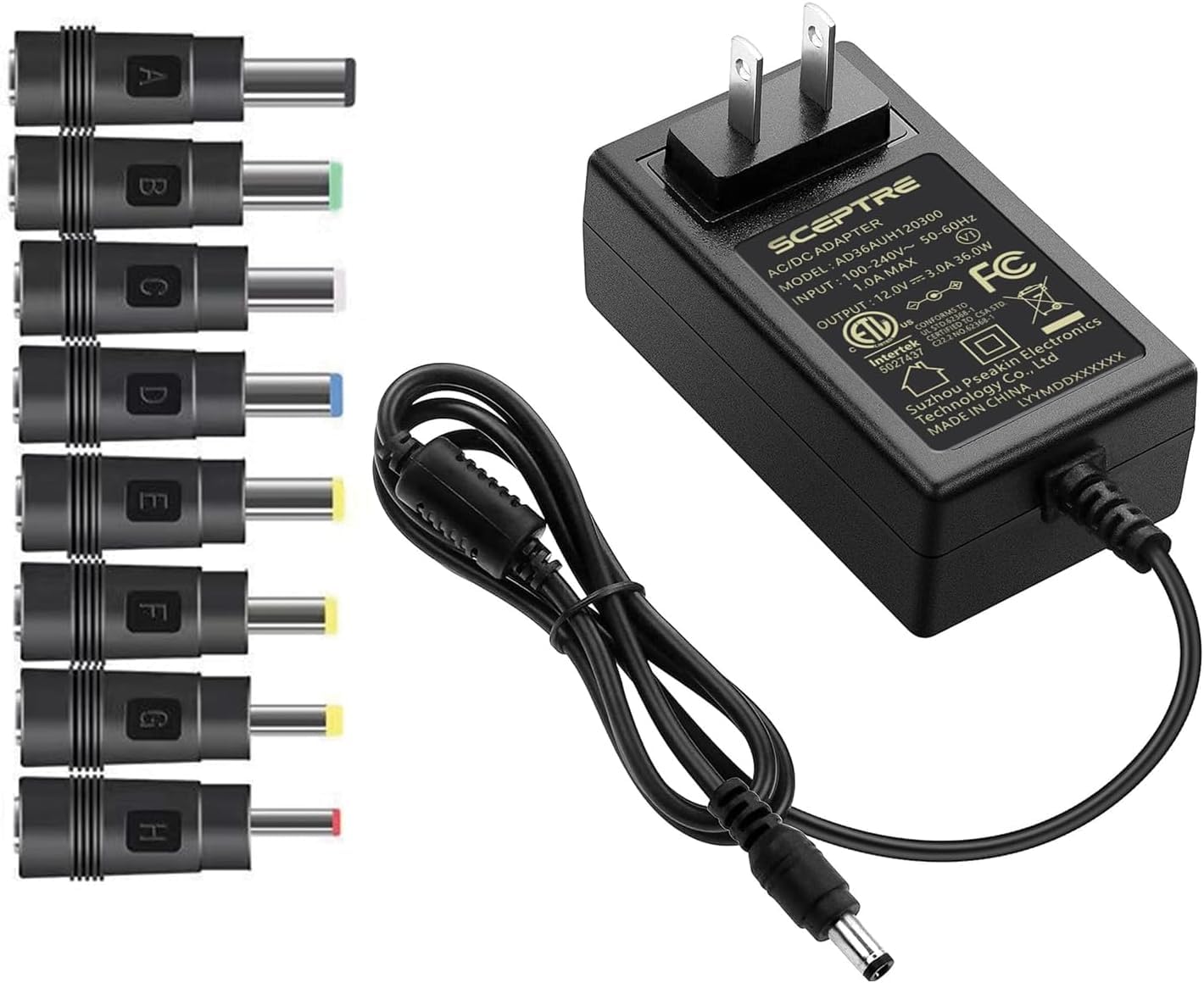 Kado AC/DC Power Adapter 12V-3A 2.5A 2A 1.25A 1A Power Cord 5.5x2.1mm with 8 Tips Made for Sceptre Monitor, Echo Smart Speaker & Display, Webcam,