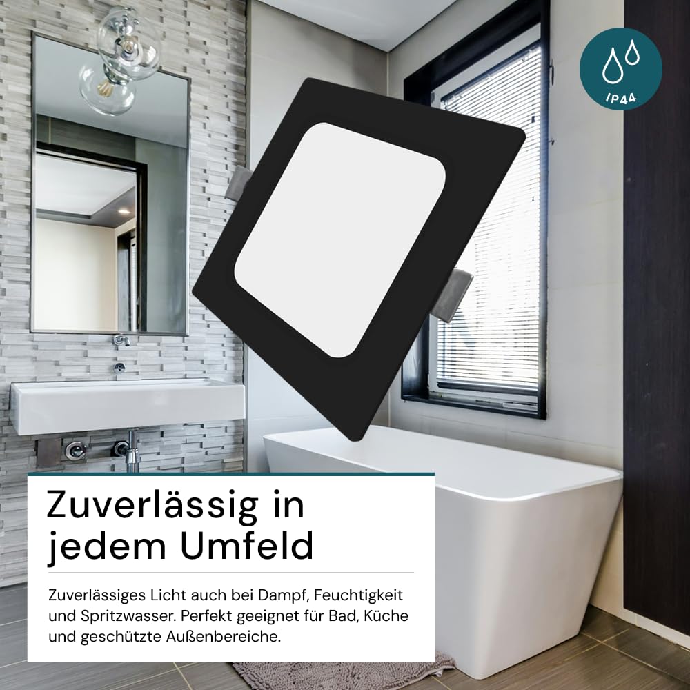 LUXULA LED Einbauleuchte eckig Schwarz, 6 Stück 173x26mm, 12W 1200lm, IP44 Einbaustrahler flach CCT 2700K 4000K 6000K einstellbar, LED Deckenstrahler Einbauleuchte 230V Bad, Küche & Innenräume