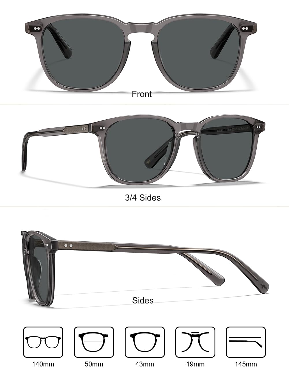 CARFIA Vintage Polarisierte Sonnenbrille Herren Rechteckigen Acetatrahmen | UV-Schutz Fahrerbrillen，Anti-Blendung，Grau grün Linsen Für Autofahren, Angeln, Wandern