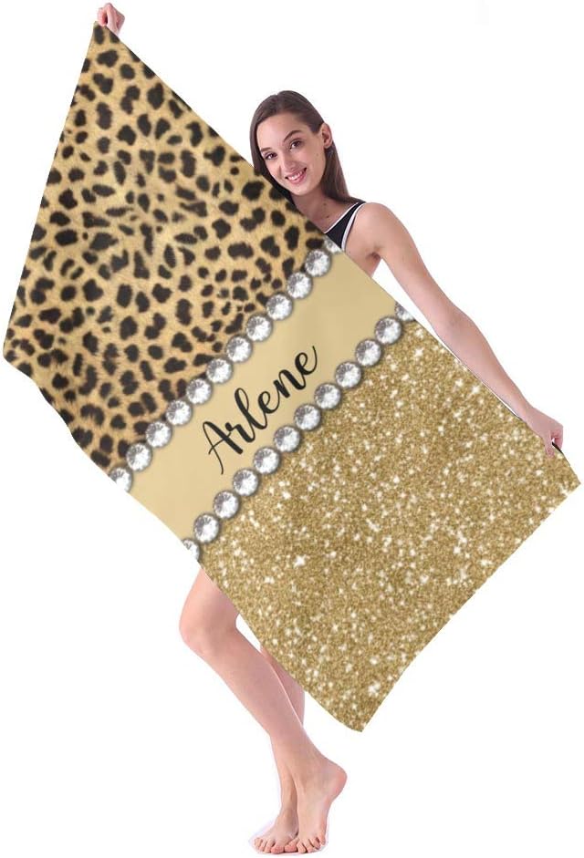 Leopard Glitter Gold Personalized Beach Towels with Name for Adults Kids Girls Boys Women Men, Custom Microfiber Towels for Travel, Beach, Bathroom, Pool, 60 x 30 inch, Option 2