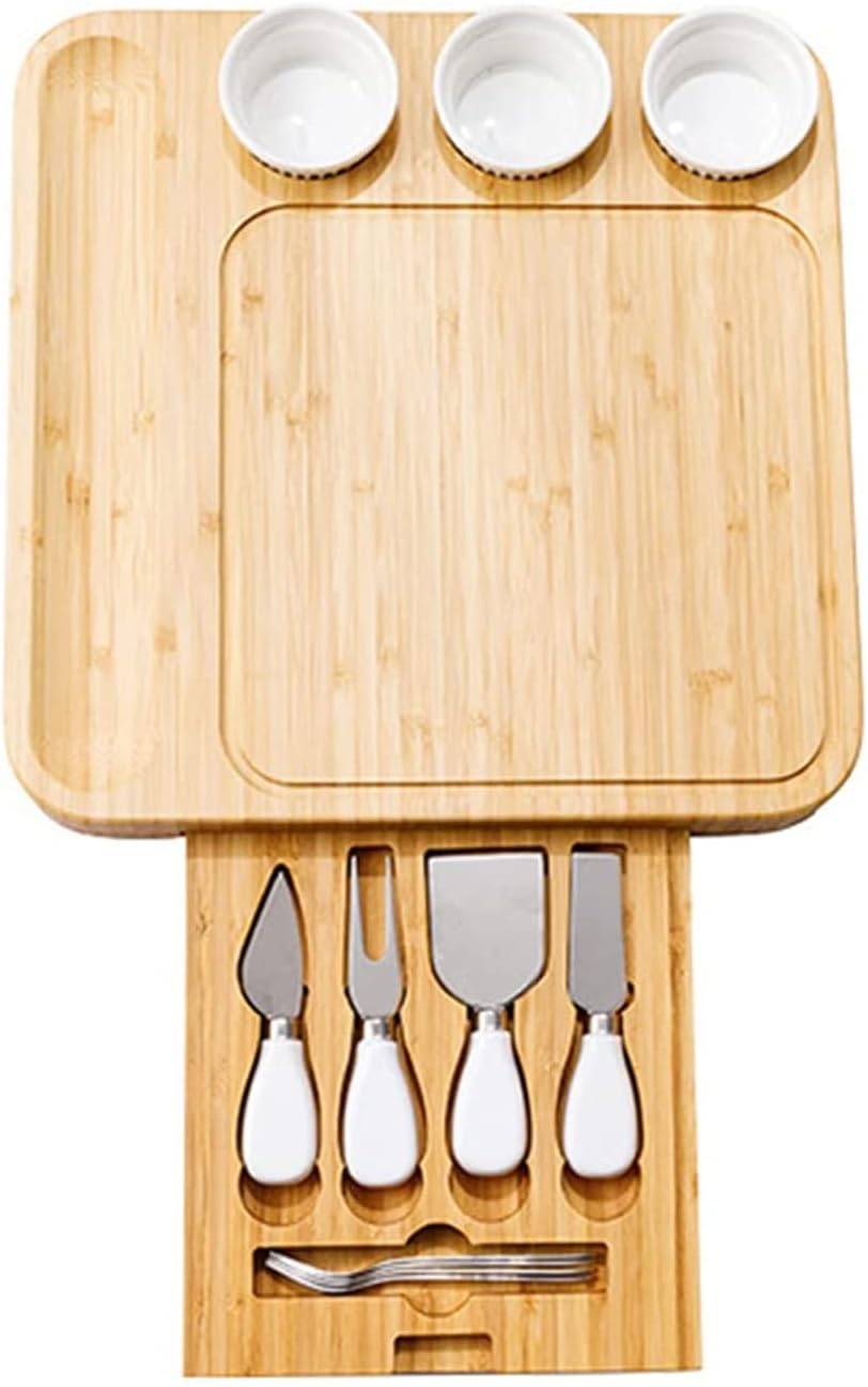 Bamboo Cheese Board and Knife Set, Large Snack Tray for Serving Cheese, Charcuterie Platter