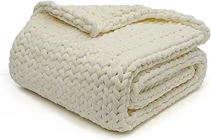 YnM Velvet Weighted Blanket, Handmade Chunky Knitted Design, Soft and Cozy, Temperature Regulating and Breathable, Machine Washable Throw for Sleep or Home Decor (Cream, 60x80 Inch, 20lbs)