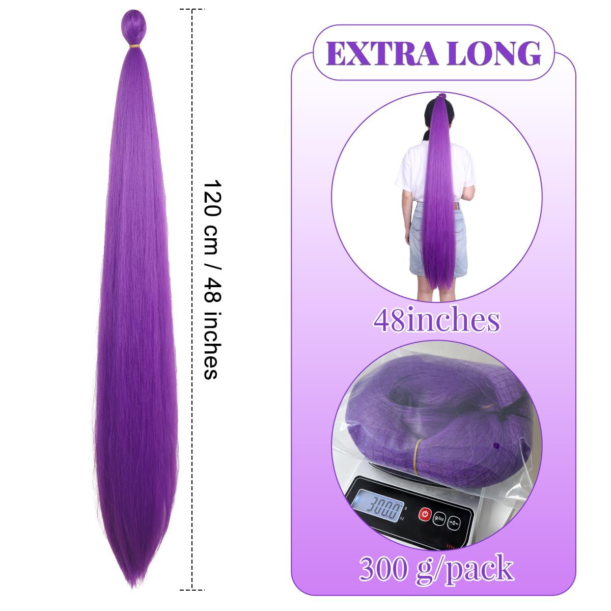 48 Inches Extra Long Fluffy Purple Hair Extensions for Halloween Costume (300g)