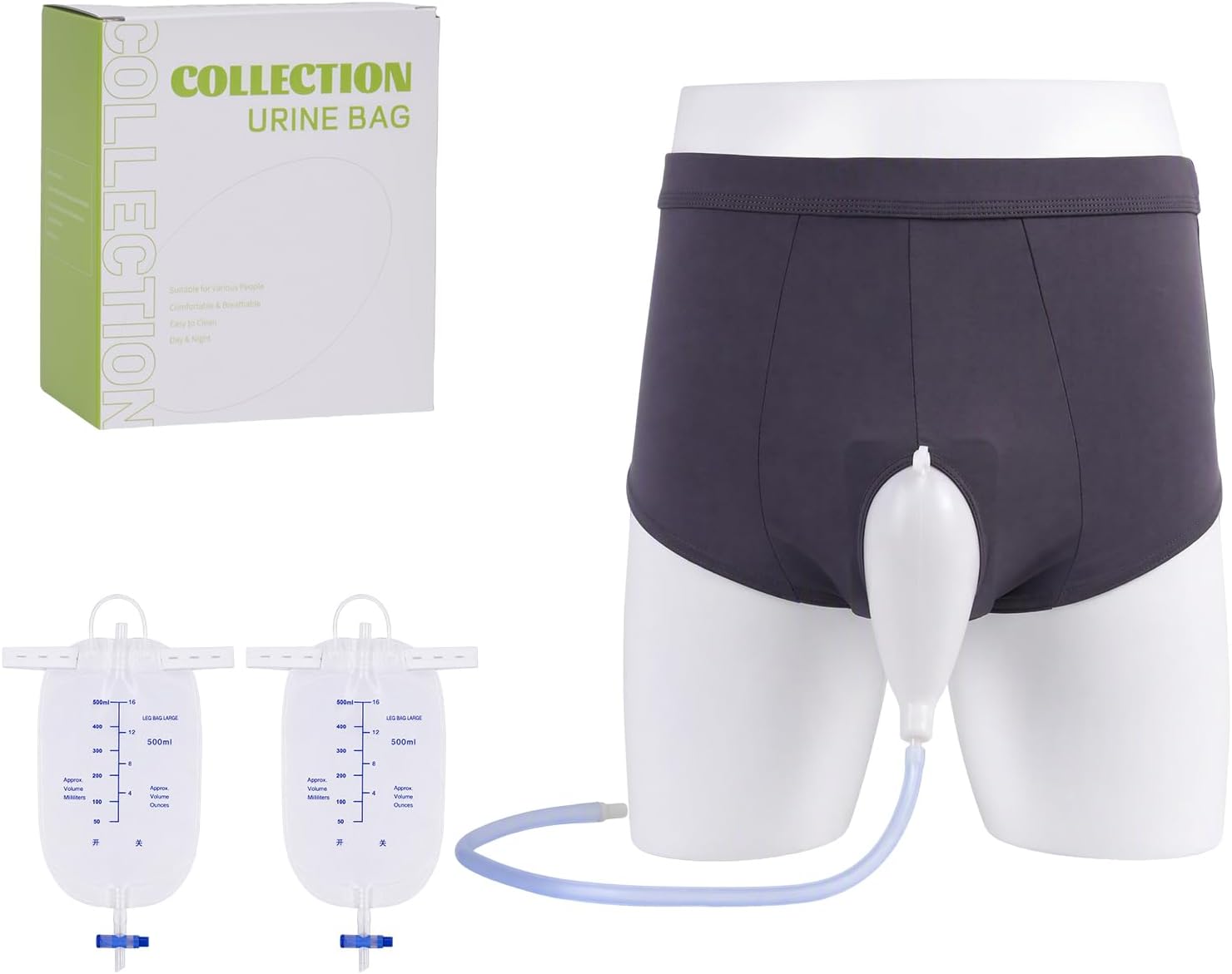 Urine Collector, Incontinence Pants, Wearable Urine Collection Bag for Men, Men's Portable External Catheter with Two 500ml Urine Bag Reusable, Portable Leak Proof Leg Pee for Elder, Rock-Gray XL